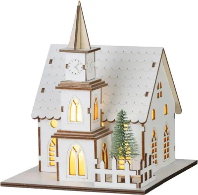 Image de Décoration MagicHome Noël, église, bois, 6xLED blanc chaud, 15x17x18.5 cm, 2xAAA