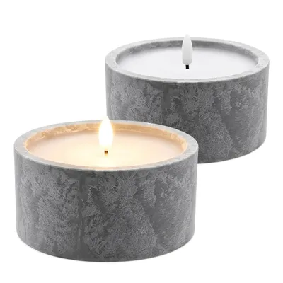 Produktbild von LED Outdoor Kerze in Beton Optik mit Timer batteriebetrieben - 2er Set - Künstliche Tischkerze warm weiß für Außen und Innen mit Flammeneffekt