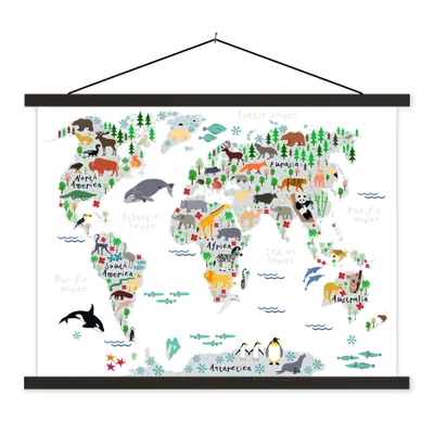 Produktbild von MuchoWow® Textilposter Weltkarte - Kinder - Tiere - Pflanzen 40x30 cm mit schwarzem Rahmen - Dekorationen