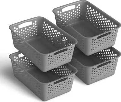 Four grey storage baskets are stacked and arranged diagonally on a white background.