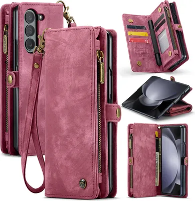 Produktbild von Hülle für Samsung Galaxy Z Fold 5 Vintage Multifunktions Lederhülle, Kartenfächer, Reißverschluss Schutzhülle Rot