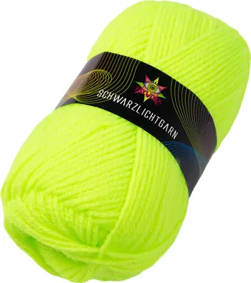 A ball of neon yellow yarn with a label wrapped around it.