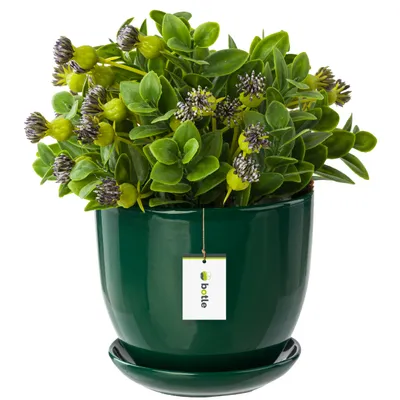 Produktbild von Keramiktopf Pflanztopf Blumenchale Übertopf Pflanzkübel handbemalt D 130 mm grün Keramik inkl. Untersetzer Wasserablaufloch