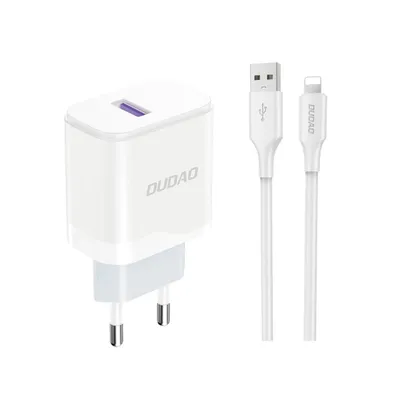 Zdjęcie produktu dla Ładowarka Dudao A20EU sieciowa USB-A 18W - biała + kabel USB-A - Lightning
