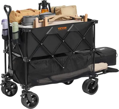 Imagen del producto de Carro plegable de doble nivel, carro plegable con capacidad de 400 litros y ruedas para todo tipo de terrenos, carro plegable resistente con capacidad de carga de 159 kg (350 lbs), ideal para camping, compras, jardinería, con una extensión extra de 132 cm (52 pulgadas)