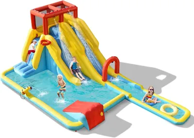 Produktbild von Aufblasbare Wasserrutsche - 2 Spuren - Wassersprinkler - Wasserkanone - Kletterwand - Extra-lange Rutsche - Oxford-Gewebe - Ab 14 Jahren