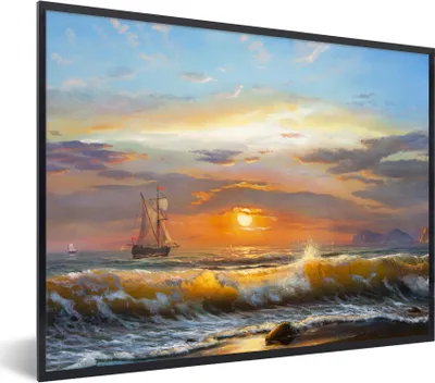 Produktbild von MuchoWow® Gerahmtes Poster Malerei - Wasser - Segelboot - Ölfarbe 80x60 cm - Poster mit Schwarzem Bilderrahmen Wandposter Rahmen Foto Bilder - Schwarzem - Mit Gestell
