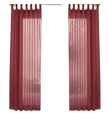 Two sheer burgundy curtains are shown hanging against a white background.