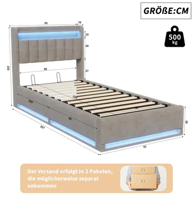 Zdjęcie produktu dla Łóżko młodzieżowe Stauraumbett - wymiary 90 x 200 cm - łóżko tapicerowane - rama drewniana - wymaga montażu - kolor: szary