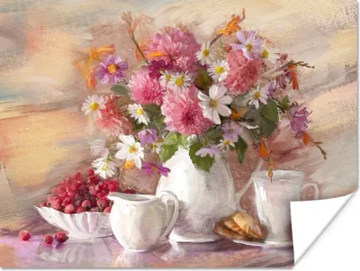 Produktbild von MuchoWow® Poster Gemälde - Blumen - Vase - Ölfarbe 160x120 cm - Foto Plakat