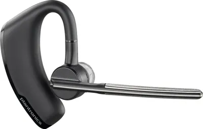 A black Plantronics Voyager Legend Bluetooth headset is shown against a white background.
