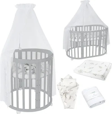 Produktbild von Waldin Babybett OWAL Kinderbett 7in1 mit Matratze, mitwachsendes Kinder-Bett,Stoffe Weiß Zweige,Holz grau
