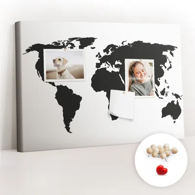Produktbild von Korkwand mit Stecknadeln – Schwarzes Korkboard für Fotos und Notizen – 60x40 cm – 100 Holz-Stecknadeln – Weltkarte
