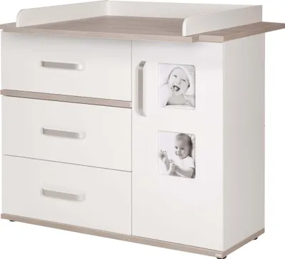 Produktbild von roba breite Wickelkommode mit Wickelansatz 'Moritz‘, Wickeltisch mit 2 Bilderrahmen, weiß, Luna Elm