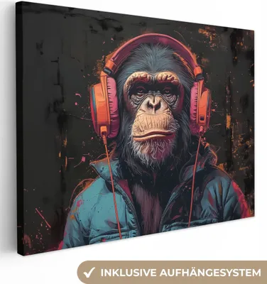 Produktbild von MuchoWow® - Leinwandbilder - Graffiti - Schimpanse - Kopfhörer - Affe, Wandbild, Wanddeko Bilder Wohnzimmer, 120x90cm