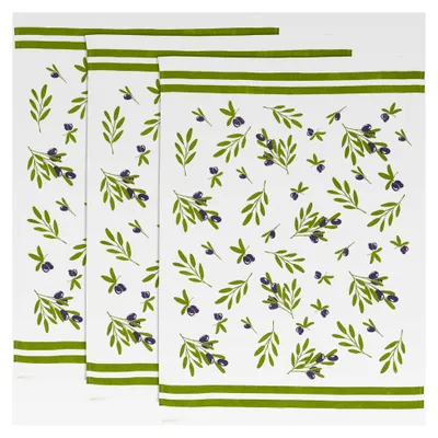Produktbild von Geschirrtuch, Küchentuch, Trockentuch im 3er-Pack mit Olivenmotiv Größe 50x70 cm - robust, saugfähig, 100% Baumwolle