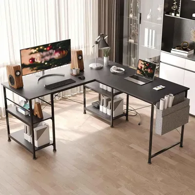 Productafbeelding van Zimilo L-vormig bureau met stopcontacten en USB-poorten, hoekbureau 140x140 cm met opbergvak en haken, computerbureau voor thuiswerk, zwart