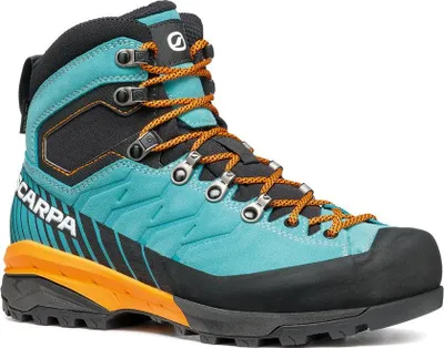 Trekking Schuhe für Damen von Scarpa; Modell Mescalito TRK GTX; in Türkis mit orangefarbenen Schnürsenkeln und schwarzem Obermaterial.