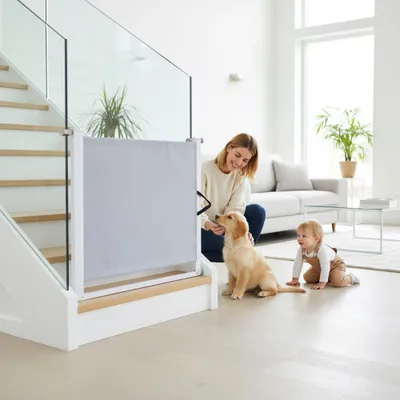 Immagine prodotto di Mucola cancello di sicurezza per porte cancello estensibile per scale cancello per cani barriera per bambini barriere per cani cancello retrattile per scale tenda a rullo - grigio