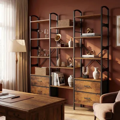 Produktbild von Regal, 158 x 24 x 166 cm, Rustikalbraun und Schwarz | Standregal mit 12 Ablagen und 4 Stoffschubladen, Metallrahmen, für Wohnzimmer, Home Office