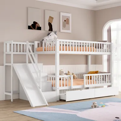 Produktbild von STILVORA Etagenbett 90x200cm Jugendbett mit Rutsche und Treppen,Stauraumbett mit Schubladen und Rausfallschutz,Doppelbett mit Lattenrost,Weiß(mit  Matratze*2)