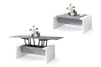 Two views of a modern coffee table, one showing its lifted state and the other its lowered state, against a white background.