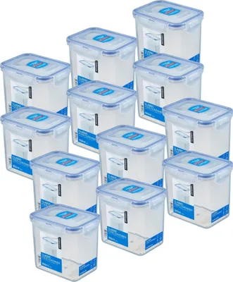 A collection of clear plastic food storage containers with blue lids, arranged in a grid formation.