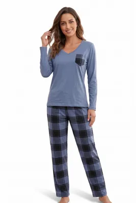 Produktbild von Damen Schlafanzug Pyjama Set 100% Baumwolle Brusttasche 2tlg V-Ausschnitt L-3XL, KI-generiertes Bild