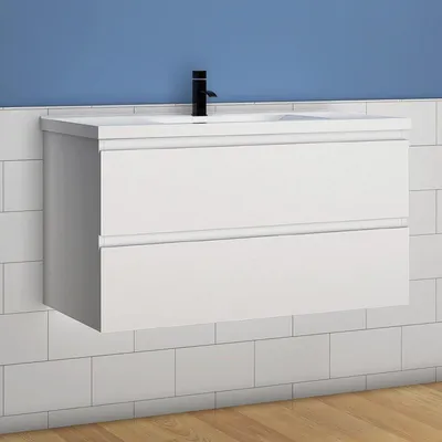 Image de Acezanble Lavabo avec meuble sous vasque, à poser, en céramique, ensemble de meubles de salle de bains, Suspendu, Matte, blanc, 99 cm