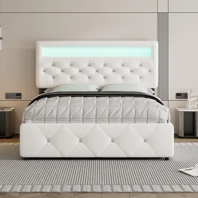 Productafbeelding van Zerbaco gestoffeerd tweepersoonsbed 140x200 cm met bedlade en 2 lades, wit, met lattenbodem
