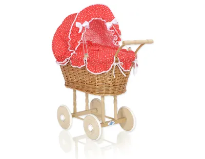 Produktbild von Wiklinvagn für Puppen mit roter Bettwäsche aus Naturfaser von MY SWEET BABY, handgefertigt, stabile Holzunterlage, Holzräder