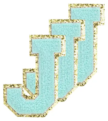Chenille-Buchstaben-Patches, 3 Stück, selbstklebend, goldener Rand, J, blau
