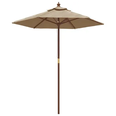 A taupe patio umbrella with a wooden pole is shown against a white background.