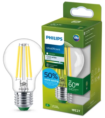 Productafbeelding van Philips Čirá gloeilamp met een traditioneel uiterlijk, 60 Watt, A60, E27, 4 Watt, 60 Watt (equivalent), E27 fitting, 840 lumen, 50.000 uur, koel wit