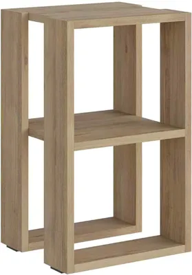 A wooden bedside table with two open shelves, shown against a white background.