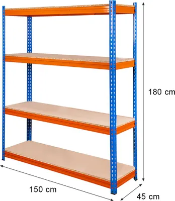 Zdjęcie produktu dla Regał magazynowy metalowy warsztatowy Mega-M Pro Max 180x150x45 cm 4 półki niebieski/pomarańczowy 2 kartony 2000kg