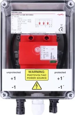 Produktbild von DEHN GAK Typ 1+2, Gehäuse IP65, für PV-Anlagen, 1 MPPT, 1 String, bis 1200V DC, 1 Stk.