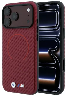 Productafbeelding van BMW Carbon-print hoesje voor iPhone 17 Pro Max / 18 Pro Max, rood, met MagSafe-logo van metaal
