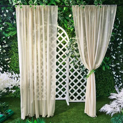 Produktbild von Vorhang Boho Halbtransparent Voile Vintage Creme mit Quaste Rutentasche Landhausstil Gardinen für Wohnzimmer Schlafzimmer, B140xH250cm, 2 Stück