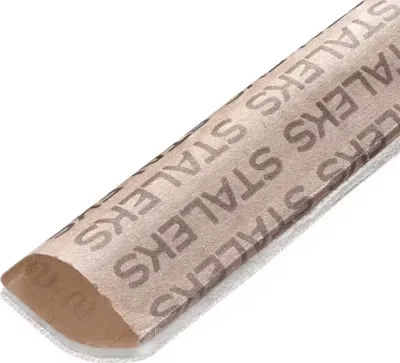A close-up, angled shot of a single disposable nail file with the brand name printed repeatedly on its surface.