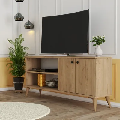 Image de Skye Decor, meuble TV moderne en panneaux de particules mélaminés de haute qualité (100%), finition chêne, dimensions : 138 x 60 x 29,5 cm | épaisseur 18 mm, avec de nombreux étagères et possibilité de fixation murale | design scandinave.