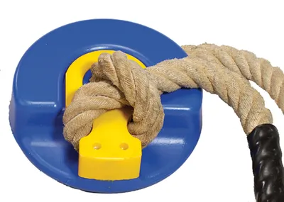 A close-up view of a blue and yellow swing attachment with a rope tied to it.