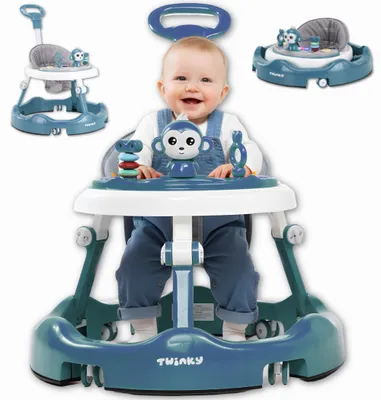 A baby sitting in a blue and white baby walker with toys, with other views of the baby walker shown in smaller inset images.