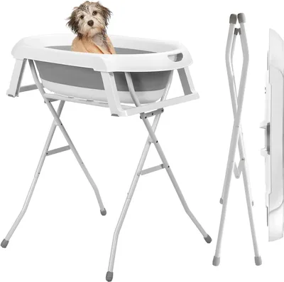 Produktbild von 2-in-1-Hundebadewanne mit klappbarem Ständer – platzsparende Haustierwaschstation für kleine Hunde und Katzen, für den Innen- und Außenbereich, 87 x 61 x 85 cm, Grau