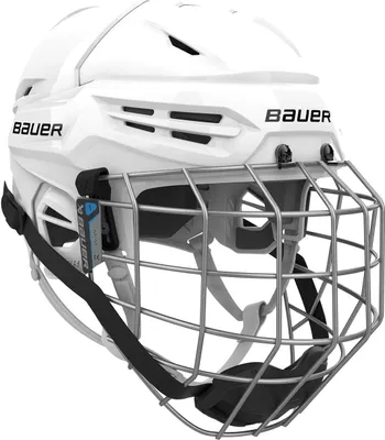 A white Bauer hockey helmet with a silver cage and black straps is shown from the front.