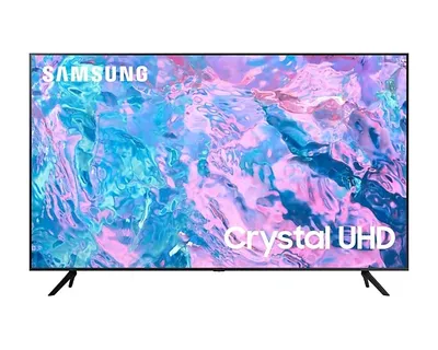 A Samsung Crystal UHD TV is displayed front-on against a white background. The screen shows a colorful, abstract image.