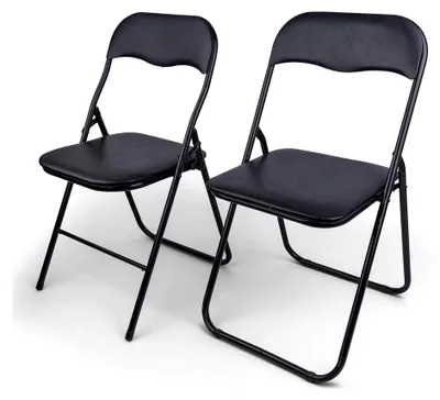 Produktbild von Klappstühle 2er Set, gepolstert mit Metallrahmen und Kunstleder, platzsparend, bis 100 kg belastbar, geeignet als Küchen- und Gartenstühle, Schwarz
