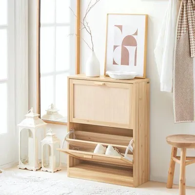 Obrázek produktu pro Skříňka na boty – Přírodní design – Úzká – 4 police – Materiál: MDF a bambus – Vhodná do obývacího pokoje nebo chodby