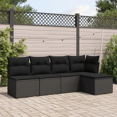 Produktbild von Schlichtes 5-tlg. Garten-Sofagarnitur,Lounge-Gartenmöbel, Gartensofa Set mit Kissen Schwarz Poly Rattan DE7951