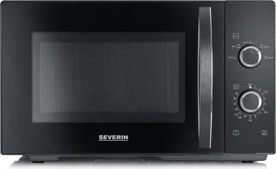 A studio product shot of a black microwave oven.